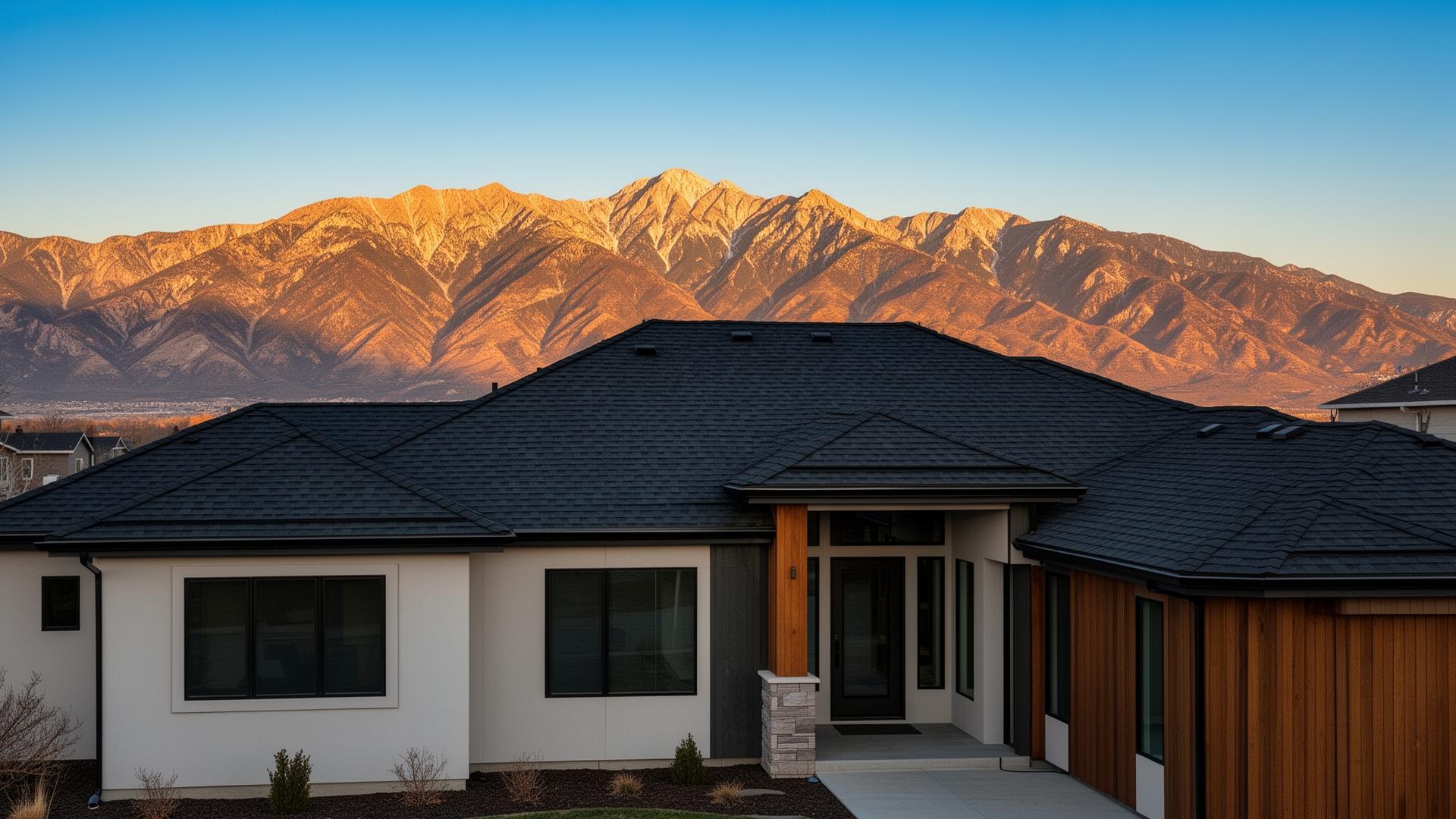 Modern home with new roof under Utah's Wasatch mountains